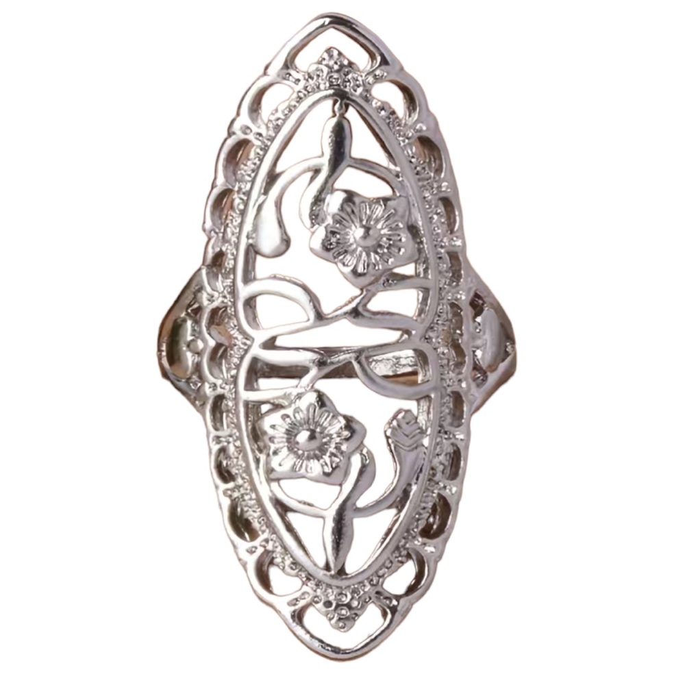 Vintage Style Floral Elongated Silver Ring